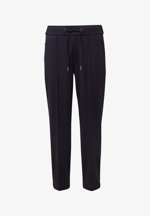 Navy stretch pants with a drawstring waist, gold-tone hardware accents, two side pockets, and front pleats for a relaxed fit.