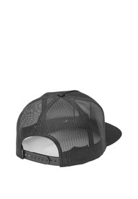 Schwarze Snapback-Cap mit einem stabilen Vorderteil und einem Mesh-Rücken. Besitzt einen flachen Schirm und einen verstellbaren Plastikverschluss für die Passform.