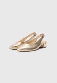 Metalliske guld slingback-sko med spids tå, lav blokhæl og glat lædertekstur. Designet inkluderer en minimalistisk åben hæl.