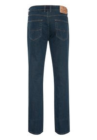 Dark blue denim jeans with a straight leg, featuring two back pockets and contrasting stitching. Leather patch with brand logo on waistband.