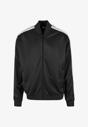 Black satin bomber jacket with a front zipper, ribbed collar and cuffs, featuring white striped accents along the shoulders.