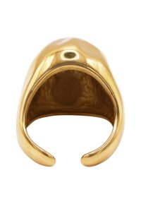 Goldfarbener Metallring mit einer glatten, abgerundeten Oberfläche und offenen Enden. Er hat eine ausgeprägte Kurve und eine kleine, runde Vertiefung oben.