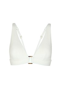 Bralette bianco a costine con scollatura a V profonda, spalline regolabili e una chiusura in tonalità oro al centro sotto il busto.