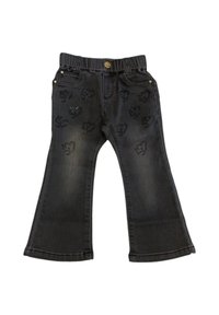 Pantalons évasés en denim noir avec une taille élastique, agrémentés de accents en strass en forme de cœur disséminés sur le tissu.