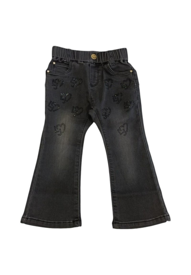 Pantalons évasés en denim noir avec une taille élastique, agrémentés de accents en strass en forme de cœur disséminés sur le tissu.
