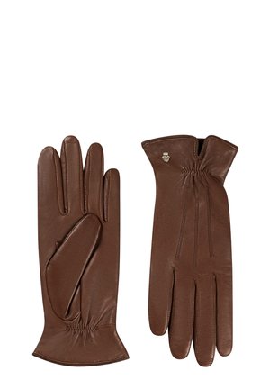 Pair of brown leather gloves, one showing palm side with reinforced thumb, the other showing back with gathered wrist and small emblem.