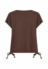 Brown short-sleeved top with a relaxed fit and drawstring ties at the hem. Made of soft fabric with a smooth texture and simple design.