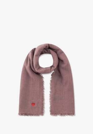 Rose-colored scarf made from soft fabric, featuring fringed edges and a small red heart emblem on one end.
