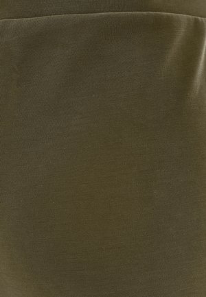 Olive green fabric with a smooth texture and slight sheen; features a fitted design and appears stretchy with vertical seam detail.