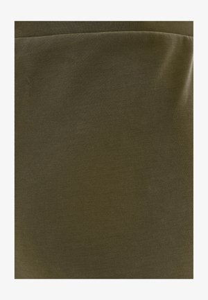 Olive green fabric with a smooth texture and slight sheen; features a fitted design and appears stretchy with vertical seam detail.