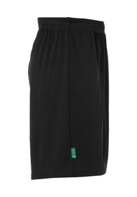 Zwarte sportieve shorts met elastische tailleband, knielange snit, gladde textuur en een klein groen logolabel aan de linkerkant.