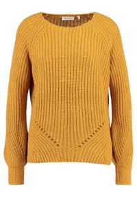 Senfgelbes Strickoberteil mit rundem Halsausschnitt, strukturiertem Muster und leicht gepufften langen Ärmeln. Mit Schulterdetails und gerippten Bündchen. 