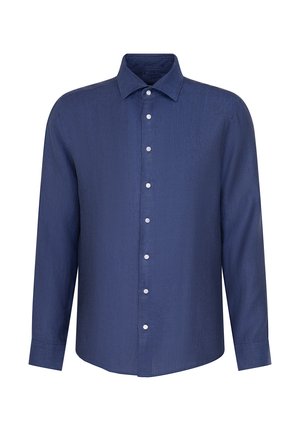 Navyblaues Langarmshirt aus strukturiertem Leinen mit spitzem Kragen und einer durchgehenden Knopfleiste mit weißen Knöpfen.