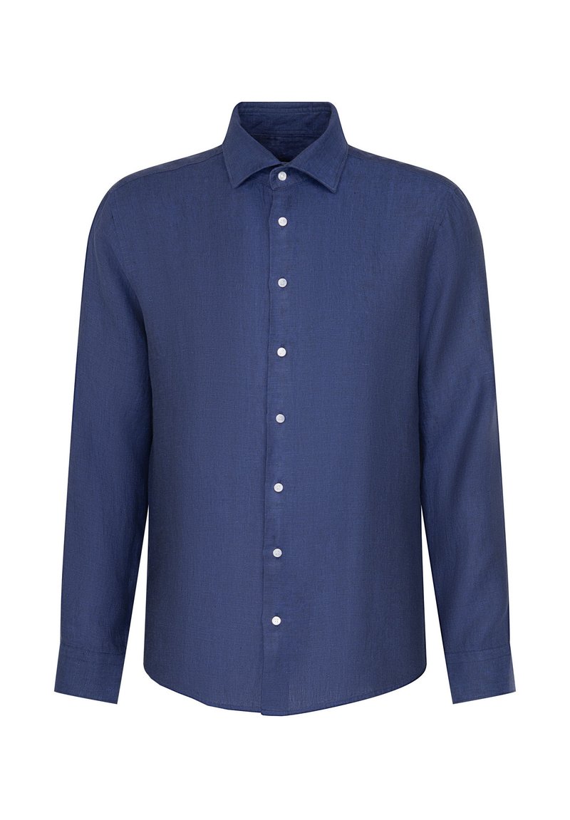 Camicia a maniche lunghe blu navy in lino testurizzato con colletto a punta e placket frontale con bottoni bianchi.