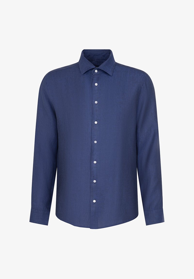 Camicia a maniche lunghe blu navy in lino testurizzato con colletto a punta e placket frontale con bottoni bianchi.