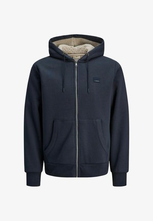 Marineblauwe hoodie gemaakt van zacht materiaal, met een ritssluiting aan de voorkant, twee voorzakken en een fluffy fleece voering voor extra warmte.