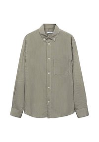 Chemise à manches longues, boutonnée, avec des rayures verticales noires et blanches, col boutonné et poche poitrine sur fond blanc.