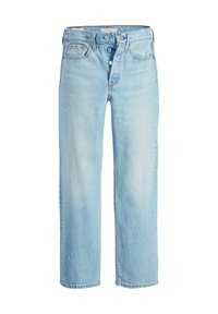 Light blue denim jeans with a straight-leg cut, five pockets, button closure, and subtle fading, featuring classic stitching details.