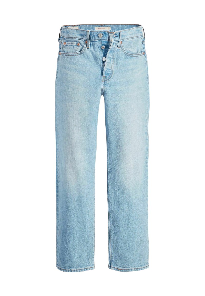 Light blue denim jeans with a straight-leg cut, five pockets, button closure, and subtle fading, featuring classic stitching details.