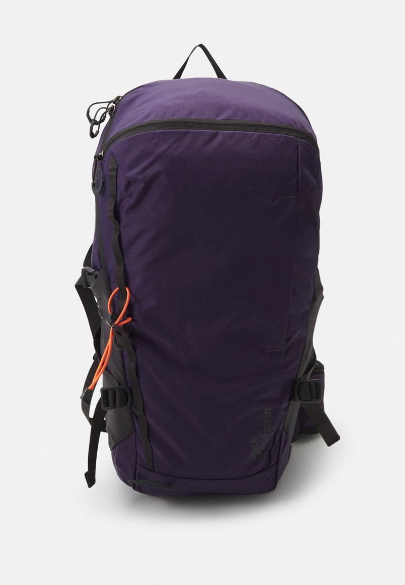 Purple backpack made of durable fabric, featuring black accents, adjustable straps, a top handle, and an orange drawcord detail.