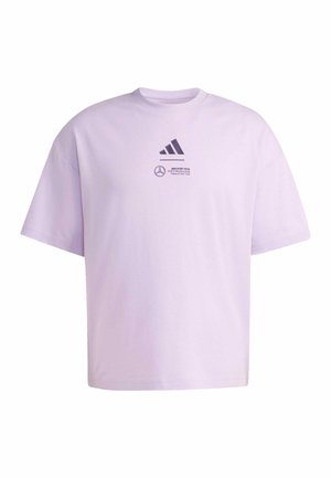 Light purple t-shirt with Adidas logo above Mercedes AMG Petronas Formula One Team logo at center chest, short sleeves, and crew neck.