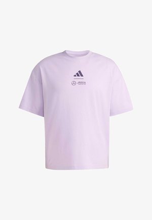 Light purple t-shirt with Adidas logo above Mercedes AMG Petronas Formula One Team logo at center chest, short sleeves, and crew neck.