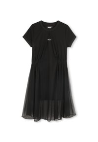 Robe noire à manches courtes, avec une taille froncée et un superposé en tulle transparent. Encolure ronde simple avec détail du logo.