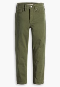 Zielone oliwkowe jeansy o prostym kroju, wykonane z bawełny o gładkiej fakturze, z pięcioma kieszeniami, haftowanym logo z tyłu i metalowym zapięciem na guzik.