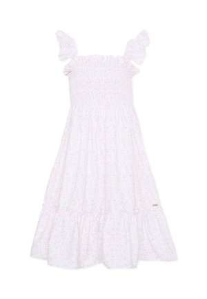 Witte mouwloze jurk met roze bloemenpatroon, gerimpeld lijfje, gerimpelde schouderbandjes en een geplooide rok.