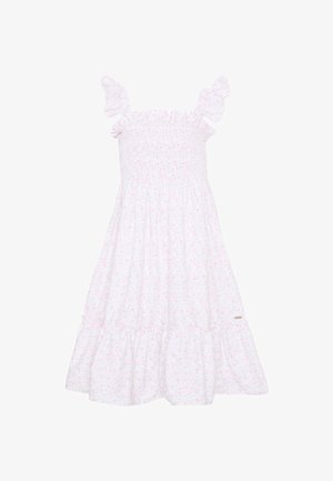 Vestido blanco sin mangas con patrón floral rosa, cuerpo fruncido, tirantes con volantes y falda de capas.