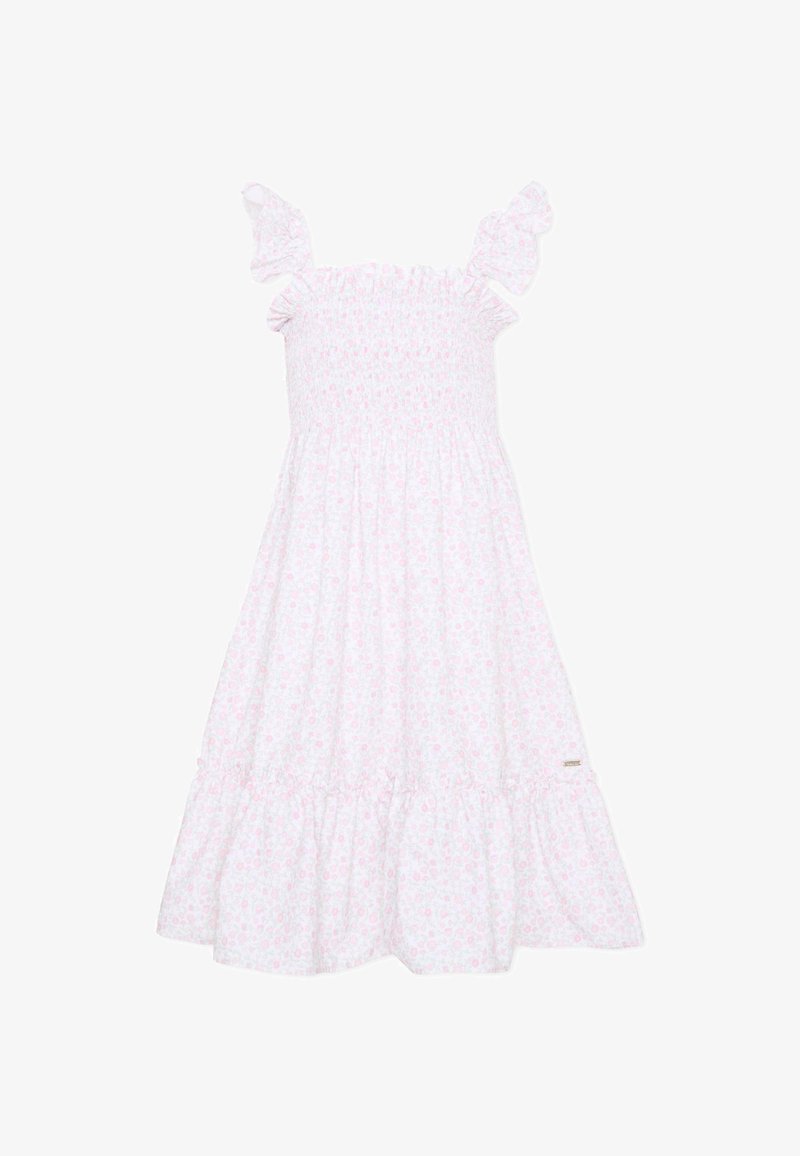 Witte mouwloze jurk met roze bloemenpatroon, gerimpeld lijfje, gerimpelde schouderbandjes en een geplooide rok.