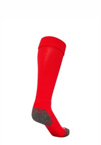 Czerwona skarpeta za kolano z prążkowanym wykończeniem u góry, z szarymi akcentami na pięcie i palcach, wykonana z gładkiego, elastycznego materiału.