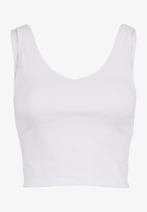 Top corto blanco hecho de una tela suave, con un escote redondeado y tirantes anchos. Dobladillo recto en la parte inferior.