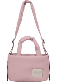 Růžová nylonová kabelka s dvojitými uchy, odnímatelným ramenním popruhem a přední nášivkou s logem. Hladká textura s minimalistickým designem.
