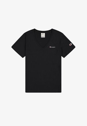 Zwarte v-hals t-shirt van katoen. Heeft korte mouwen, een klein geborduurd logo op de linkerkant van de borst en een logopatch op de mouw.