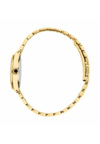 Orologio in metallo color oro con cassa rotonda, finitura liscia, design del bracciale sottile e dettaglio nero sulla corona. Stile minimalista.