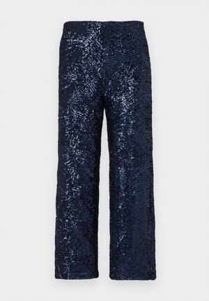 Navy sekvinbukser med bred ben-design, med varierte teksturer og en glatt, elastisk midje for komfort.