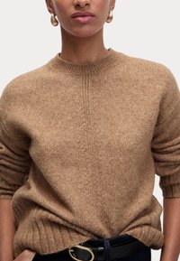 Bruine gebreide trui met een hoge hals, geribbelde mouwen en een ontspannen pasvorm. Zachte textuur met een mix van warme tinten. Zwarte riem accentueert de taille.