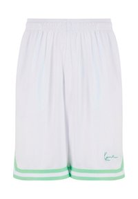 Short de sport blanc avec une double bande verte à l’ourlet et un petit logo signature vert sur le bas de la jambe gauche.