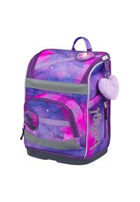 Zaino con gradiente viola e rosa, decorato con un motivo ad acquerello, dettagli in argento e un portachiavi a pompon a forma di cuore. Presenta una toppa con design di cavallo.
