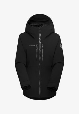 Giacca nera impermeabile con capuccio, zip anteriore e due tasche sul petto. Texture liscia e design minimalista con accenti del logo.