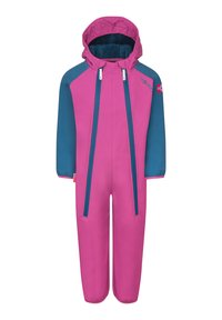 Mono de nieve para niños en fucsia y verde azulado, con capucha, cierre frontal con cremallera y tejido texturizado. Incluye acentos de cremallera en contraste y logo.