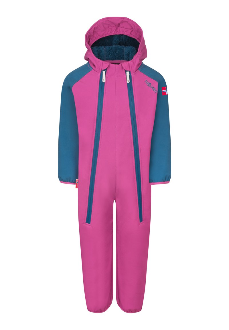 Mono de nieve para niños en fucsia y verde azulado, con capucha, cierre frontal con cremallera y tejido texturizado. Incluye acentos de cremallera en contraste y logo.