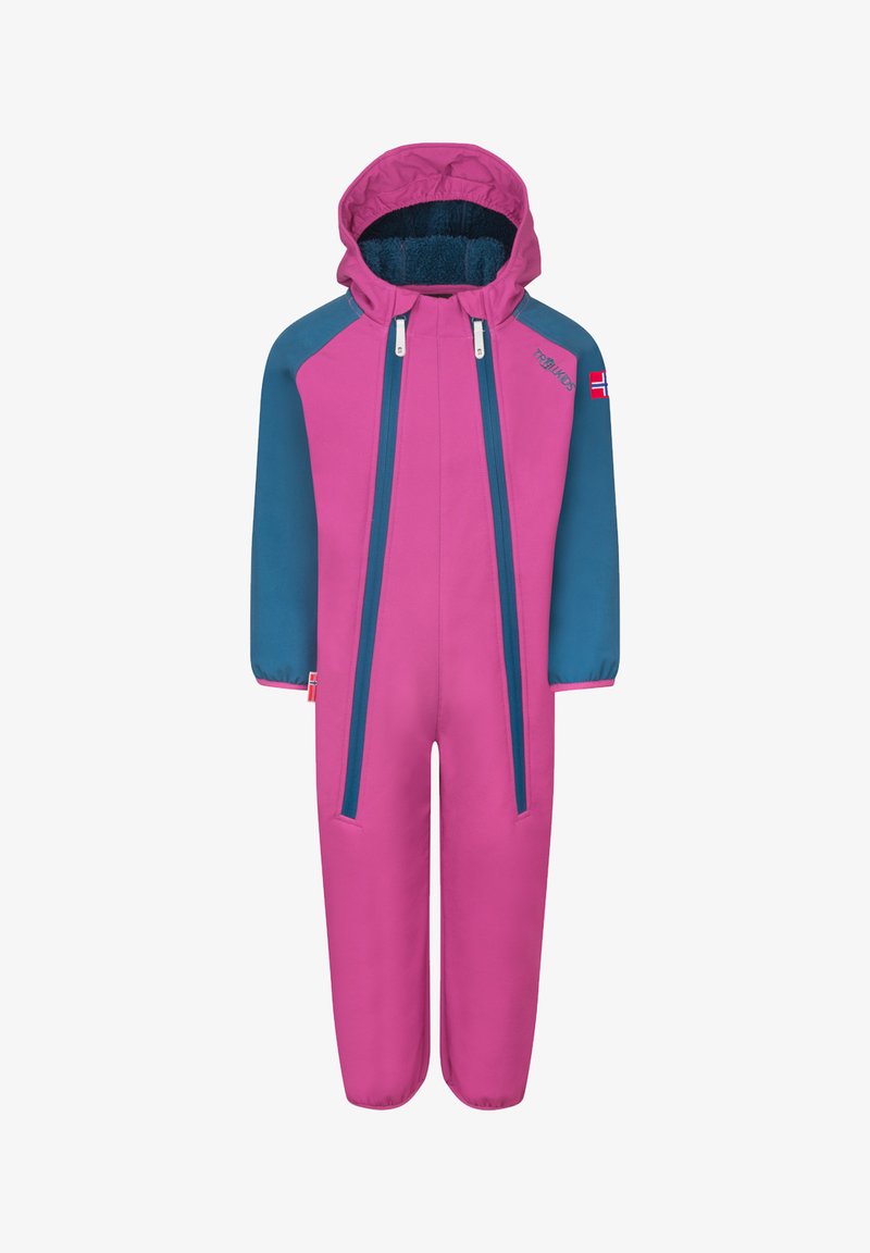 Mono de nieve para niños en fucsia y verde azulado, con capucha, cierre frontal con cremallera y tejido texturizado. Incluye acentos de cremallera en contraste y logo.