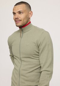 Sweat à zip léger vert avec un col montant, présentant un intérieur de col rouge et un détail de logo. Fait en matériau tricoté doux.