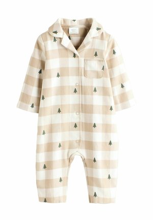 Beige og hvidternet baby jumpsuit med grønne træmønstre, lange ærmer, krave, forreste knapper og brystlomme.