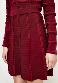 Robe tricotée rouge avec une surface texturée, ornée de motifs en côtes et d'accents surélevés. Taille cintrée avec un design à bande.