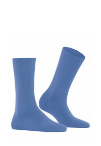 Calzini blu in cotone a tinta unita con una texture liscia, dotati di un tallone e una punta rinforzati. Design semplice, senza motivi o dettagli visibili.