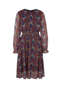 Robe longue à manches longues et longueur genou, imprimée de fleurs aux nuances de rouge, bleu, violet et beige sur un tissu transparent, avec une taille et des poignets élastiqués à smocks.