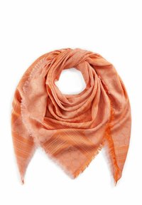 Orangefarbener Schal aus weichem Stoff mit geometrischem Design und fransigen Kanten. Leicht und in dreieckiger Form.